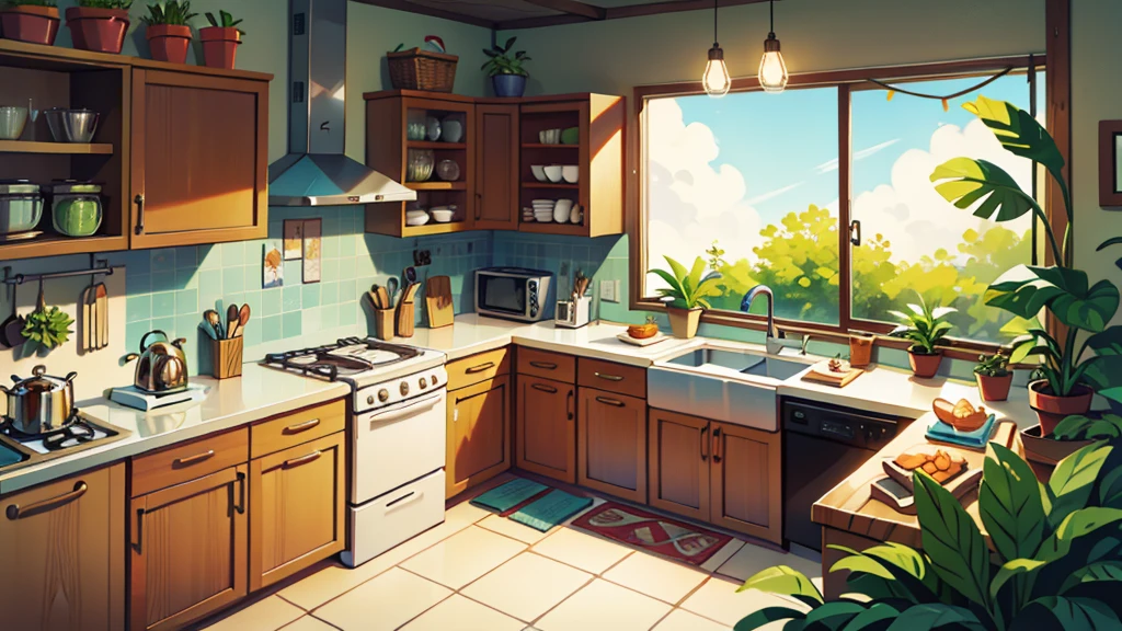 There is a kitchen, bright sunny, some plants, non-center table