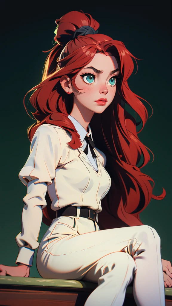 (high quality, 8k, 4K, high contrast, artwork:1.2, high quality, best aesthetics), (dynamic angle), ((1 woman)), erotic, sensual, mature body, super detailed, beautiful face detailed, beautiful eyes detailed, detailed beautiful mouth, perfect breasts, wide thighs, sexy body, caucasian, red hair, long hair, long wavy hair, green eyes, long eyelashes, blushing, arrogant and dominant expression, seductive, white dress shirt with black tie, short black skirt, sitting on top of a desk, classroom, green chalkboard in the background.