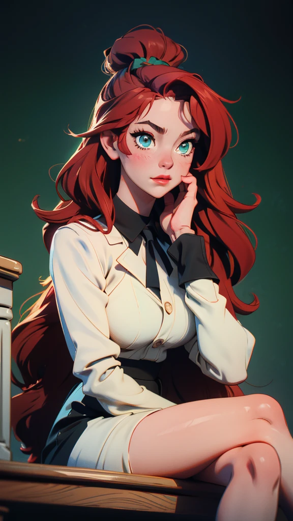 (high quality, 8k, 4K, high contrast, artwork:1.2, high quality, best aesthetics), (dynamic angle), ((1 woman)), erotic, sensual, mature body, super detailed, beautiful face detailed, beautiful eyes detailed, detailed beautiful mouth, perfect breasts, wide thighs, sexy body, caucasian, red hair, long hair, long wavy hair, green eyes, long eyelashes, blushing, arrogant and dominant expression, seductive, white dress shirt with black tie, short black skirt, sitting on top of a desk, classroom, green chalkboard in the background.