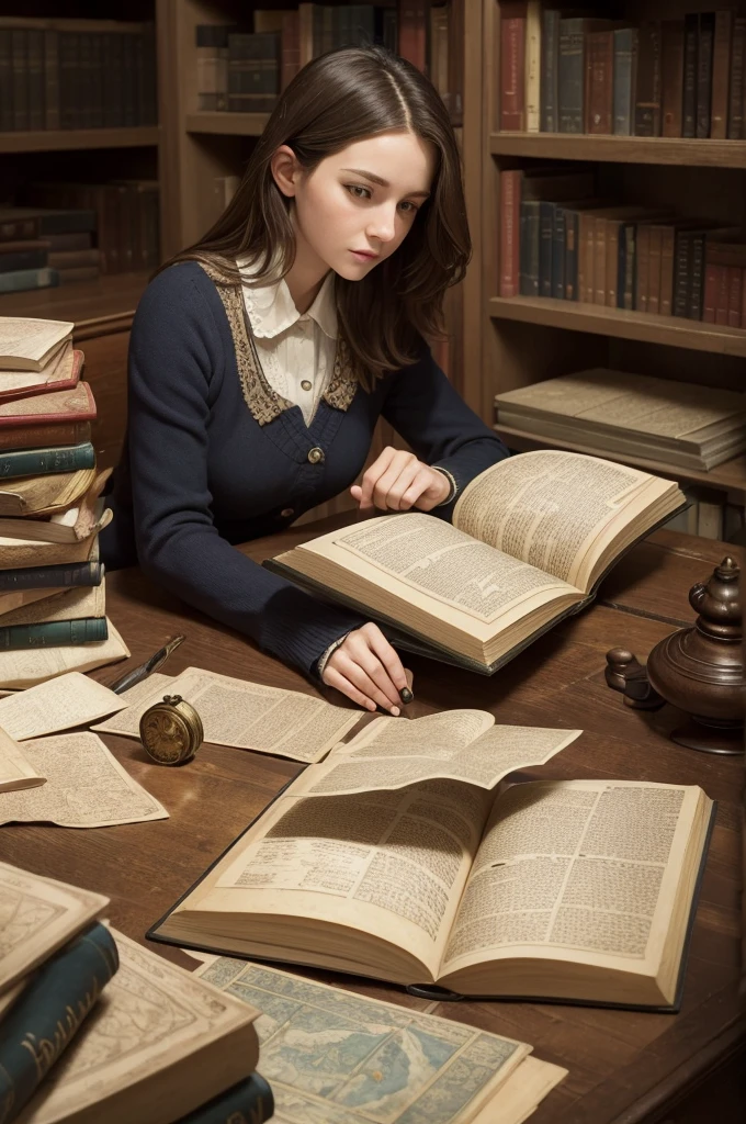 ((best quality)), ((masterpiece)), (detailed), perfect faceEmma investigating in the library: Emma is surrounded by piles of dusty old books, examining old maps and yellowed documents that reveal secrets about the city's dark history