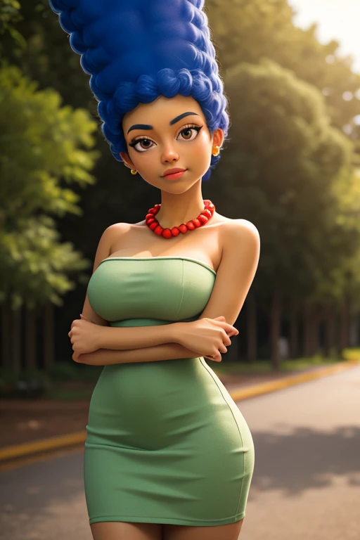 masterpiece, best quality, outdoors, lens flare, depth of field,  1girl, solo, looking at viewer, breasts, margesimpson, yellow skin, afro, big hair, necklace, pearl necklace, strapless dress, green dress, cowboy shot,