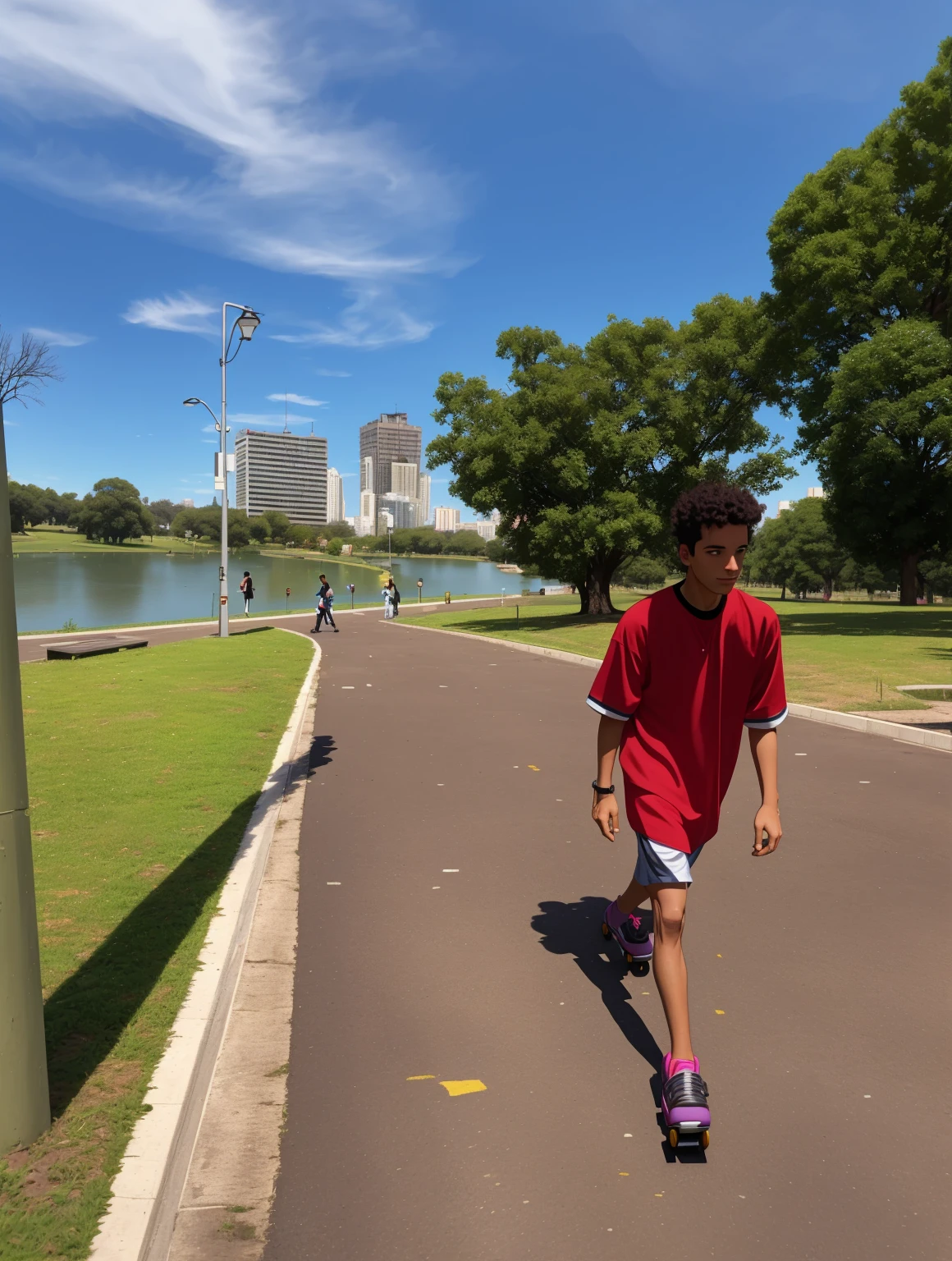 there is a man walking down a road, with a park in the background, walking in the park, with a park in the background, park in the background, In a city park, roller skates, matthew 9 5, malika favre, with a city in the background, Caio Santos, in a park.