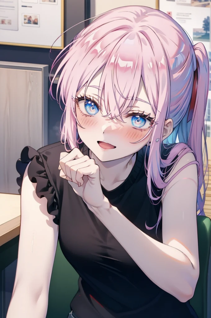 miyakoshikimori, miyako shikimori, Long Hair, blue eyes, Hair between the eyes, Pink Hair,ribbon, red ribbon,blush,smile,Open your mouth,Squint your eyes,black tank top shirt,Shorts,Sitting in a chair,There is food on the table,So that the whole body goes into the illustration,Resting one&#39;s chin on one&#39;s hand,
break looking at viewer,
break indoors, room,
break (masterpiece:1.2), Highest quality, High resolution, unity 8k wallpaper, (figure:0.8), (Beautiful attention to detail:1.6), Highly detailed face, Perfect lighting, Highly detailed CG, (Perfect hands, Perfect Anatomy),
