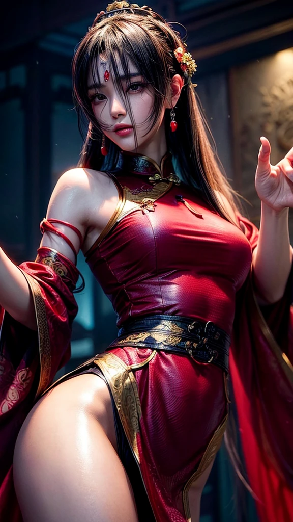 a female kung fu master wearing a beautiful chinese cheongsam dress, detailed facial features, piercing eyes, elegant pose, detailed clothing textures, high fantasy, cinematic lighting, dramatic shadows, vibrant colors, digital painting, concept art style, ultra-detailed, 8k, photorealistic