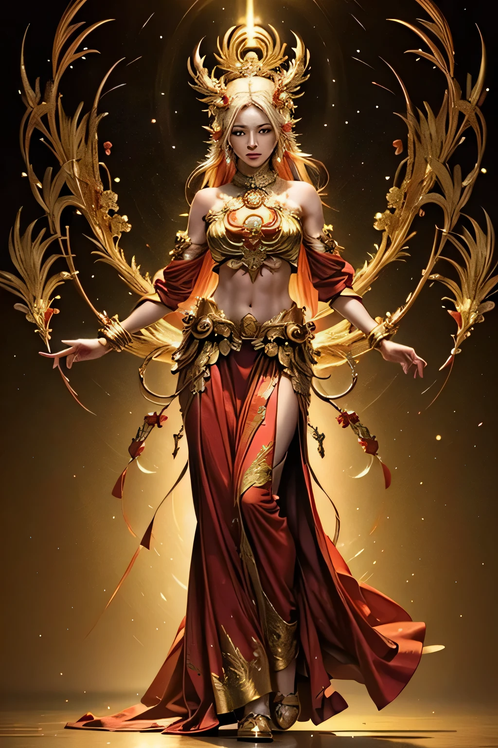 Amaterasu, full body, red ornaments, golden ornaments, golden sun, golden gorgeous flowers, beautiful female face, perfect hands, top quality