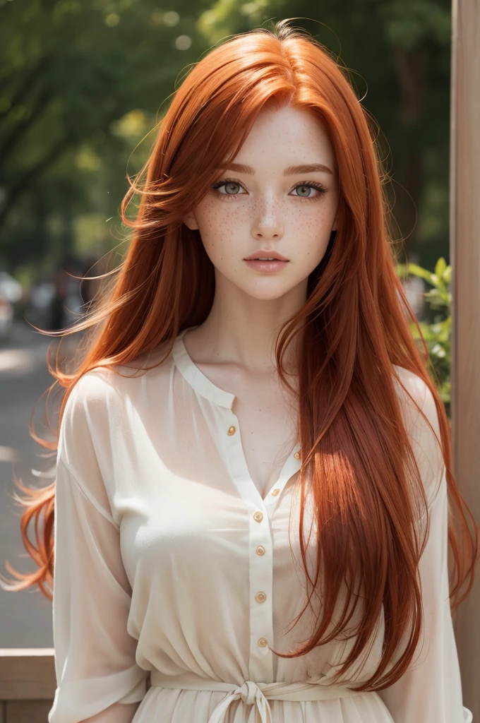 Drawing of a red-haired woman with long hair, freckles and honey eyes, wearing light colored clothing