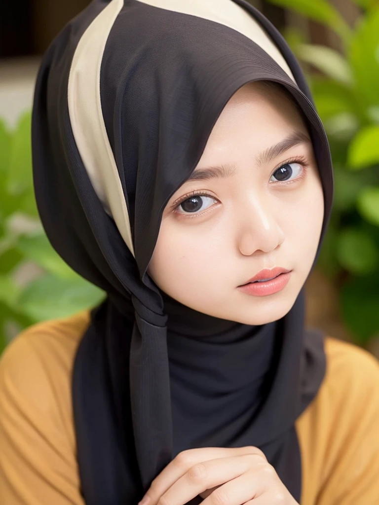1girl, RAW photo of a 24 year old girl wearing hijab, Masterpiece, 16k, high Resolution, Ultra high Quality, super detailed background, beautiful lighting, brown hijab, solo, park, close up, Hands down, looking at viewer, Indonesia background