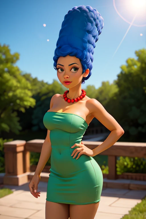 masterpiece, best quality, outdoors, lens flare, depth of field,  1girl, solo, looking at viewer, breasts, margesimpson, yellow skin, afro, big hair, necklace, pearl necklace, strapless dress, green dress, cowboy shot,