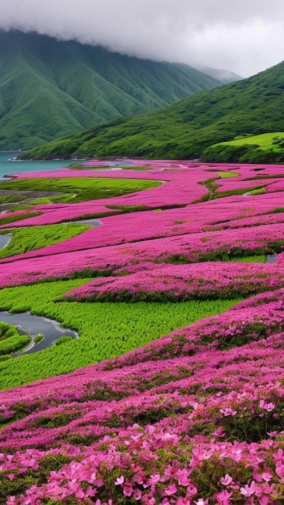 Southern Island　rain scenery　Colorful flowers are blooming、The petals are covered with raindrops