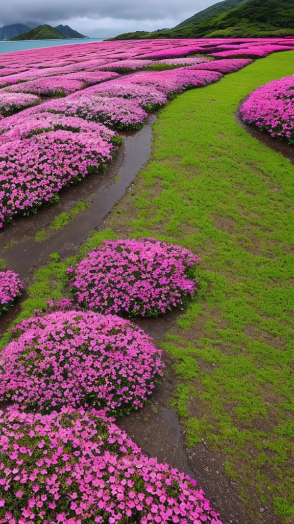 Southern Island　rain scenery　Colorful flowers are blooming、The petals are covered with raindrops