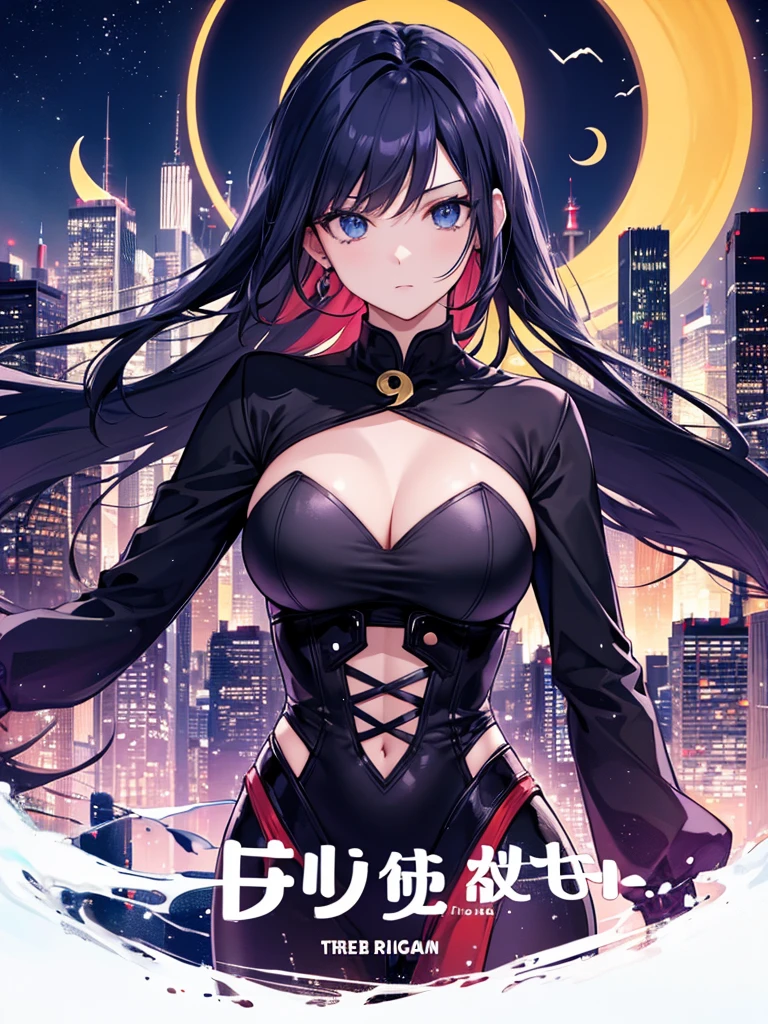 (Crescent moon in the background),Movie Poster Style, Specific text, Strong color contrast, A wonderful composition, Bold and trendy, , Confident, Cityscape,English text, 大胆なfashion,Confident attitude,Women's Empowerment,Street Style, fashion,bold typography,expensive,Contrast Color, clothing,Eye-catching composition,The atmosphere of the cityscape,