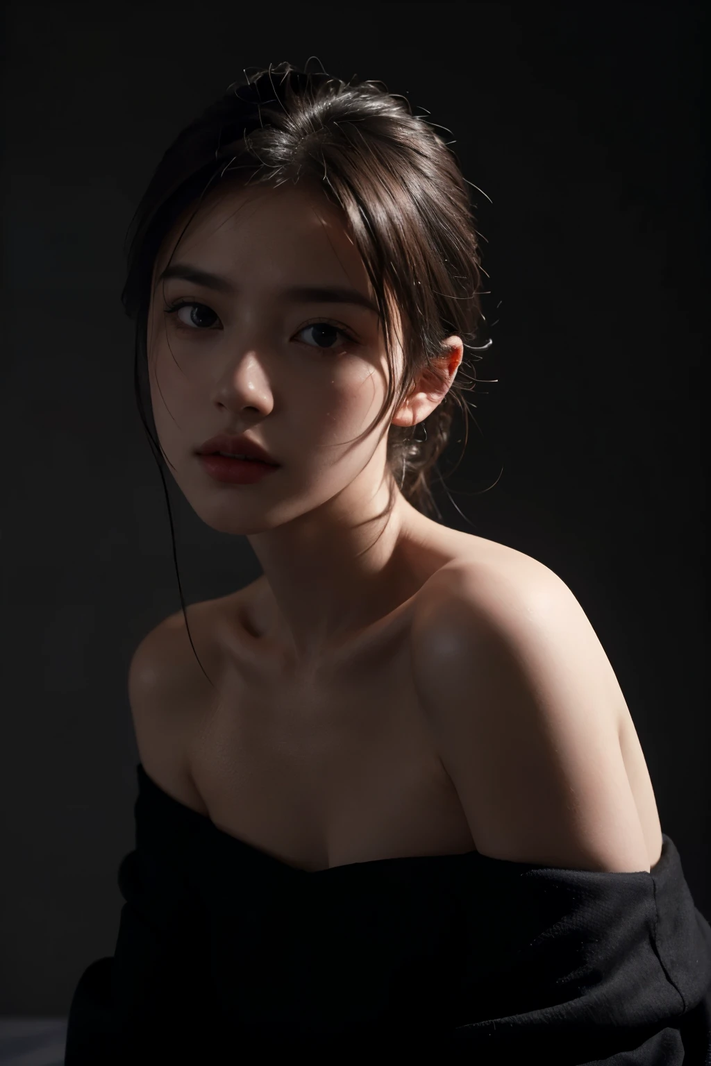 Best quality, masterpiece, ultra high res, (photorealistic:1.4), raw photo, 1girl, offshoulder, deep shadow, low key, cold light, chiaroscuro, grey background
