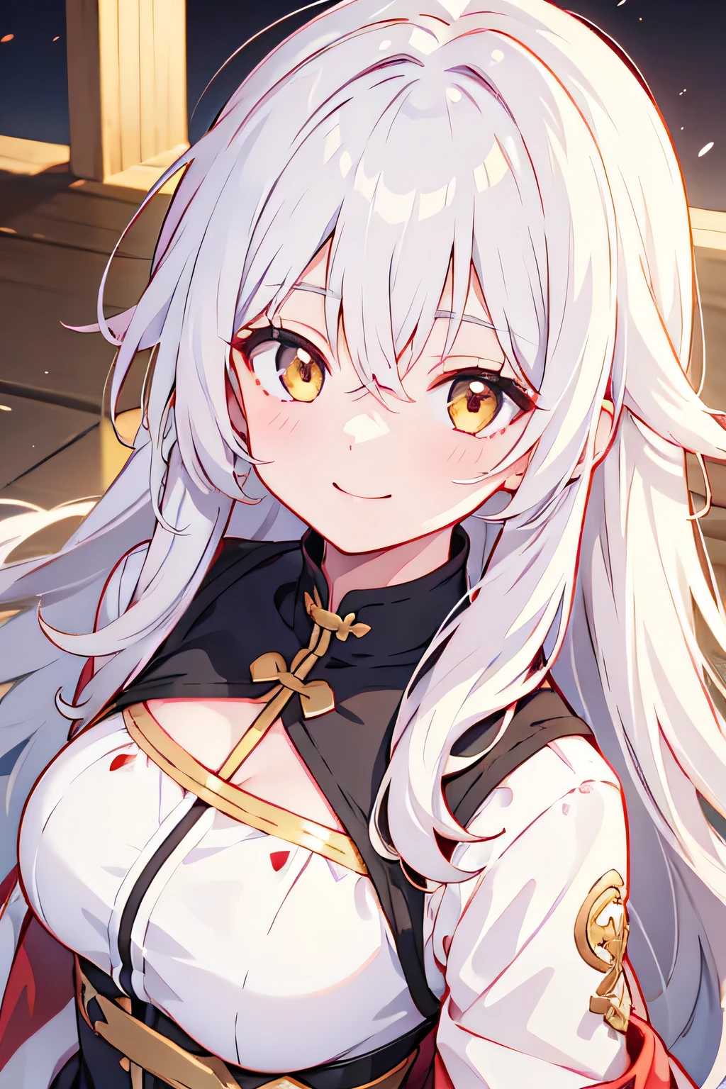 girl, cute anime girl, smiling, white hair, long hair, messy hair, golden eyes