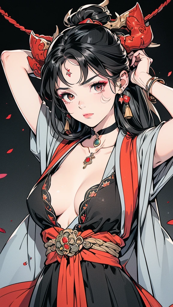 Seven Rhaeyar (Deylta), Ancient Star goddess, Perfect female anatomy (Royalty, Adult Female, 166cm in height, Cool pale skin, slim, slender, 34D breast size, Long Jet Black Hair, Gray Colored Iris , a set of Jet black colored horns on her head), Neutral facial expression, Elegant black uniform dress, female choker accessory with silver complimentary jewelry, dragon motifs, Black rope accessories, Simple Black Background, receiving light from the front, Slightly focusing on her face up close, Ethereal glow, Red Rose petals falling, Japanese inspired