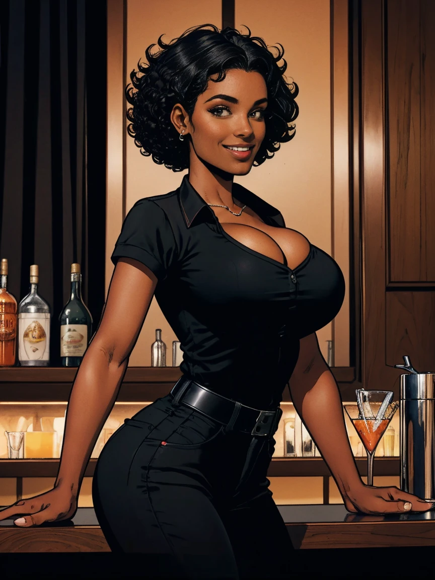 Cardinal, a gorgeous bartender woman with (dark skin, short curly black hair) wearing a black polo, tight slacks. Athletic, , wide . Short curly black hair, mixing a drink. Smiling. Confident. At a high-end bar, luxury hotel. cleavage.
