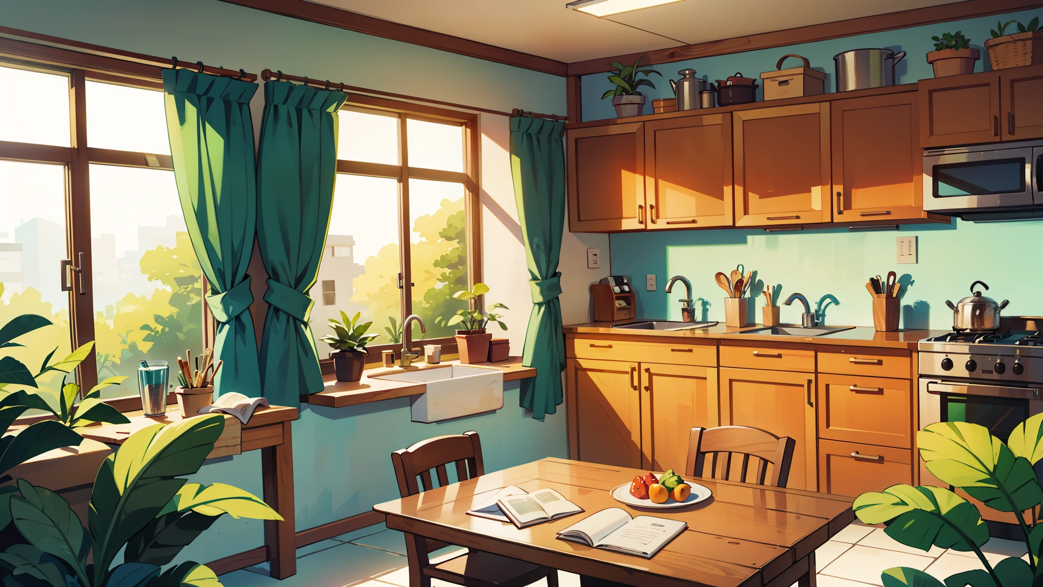There is a kitchen, bright sunny, some plants, non-center table, four chairs