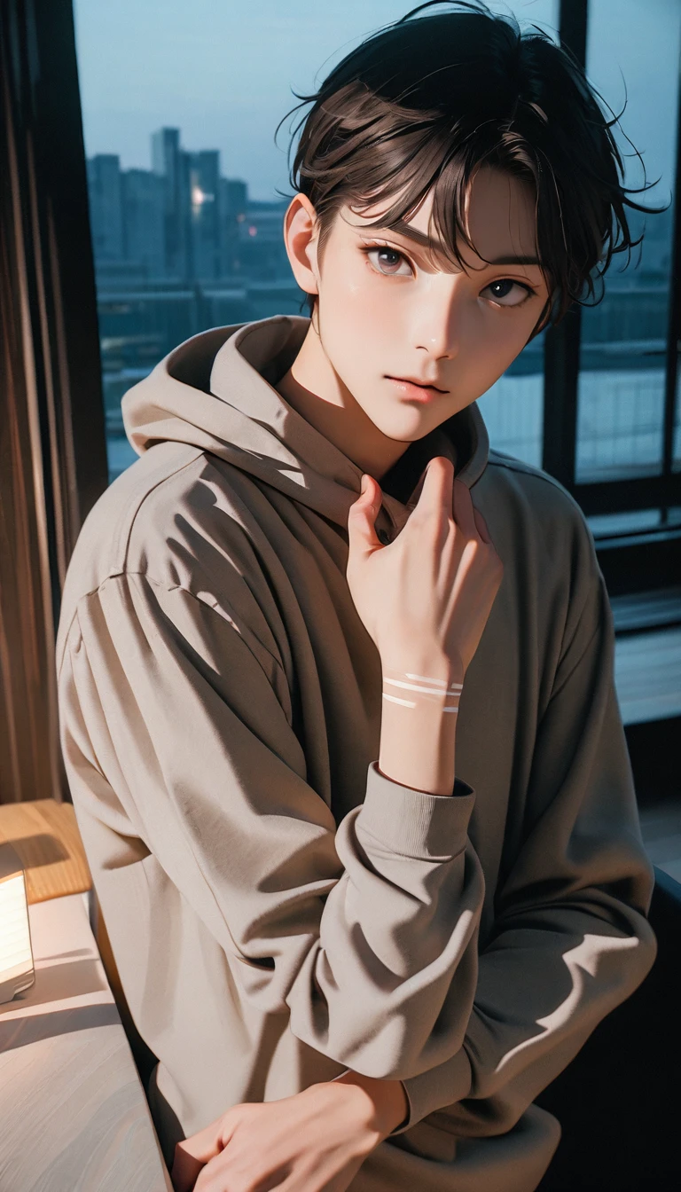 (8K, RAW photos, best quality, masterpiece: 1.4), (((Looking at the white lines on my arms))),Ultra-high resolution, Extremely detailed, light, closeup of arms, Handsome man, black eyes, (delicate eyes, Eyes are bright:1.2), Gray short hair, Fair skin,dark, Grey sweatshirt, sweatshirt with hood,(perfect anatomy:1.2), High-quality shadows, Natural Lighting, (white highlights:1.2), night, cloudy day, (at home:1.2), (Room:1.2)
