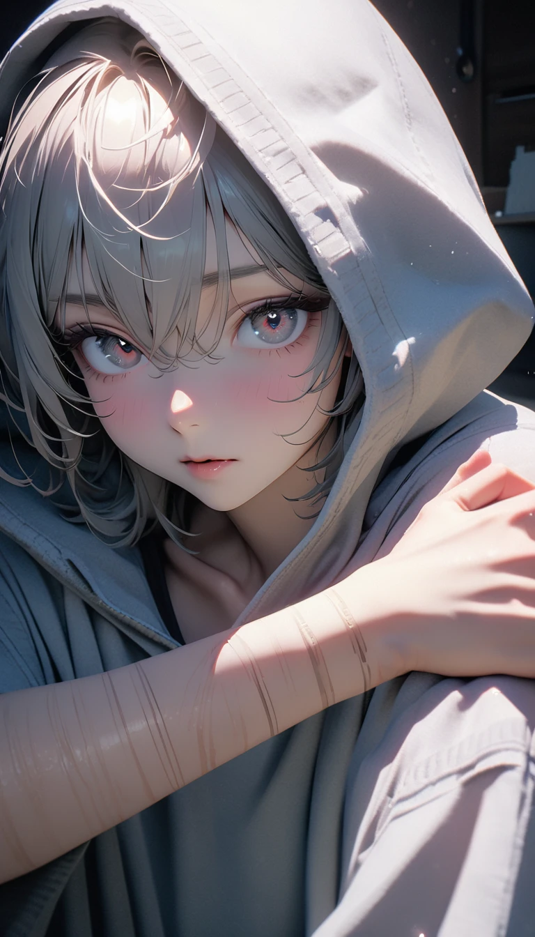 (8K, RAW photos, best quality, masterpiece: 1.4), (((Looking at the white lines on my arms))),Ultra-high resolution, Extremely detailed, light, closeup of arms, Handsome man, black eyes, (delicate eyes, Eyes are bright:1.2), Gray short hair, Fair skin,dark, Grey sweatshirt, sweatshirt with hood,(perfect anatomy:1.2), High-quality shadows, Natural Lighting, (white highlights:1.2), night, cloudy day, (at home:1.2), (Room:1.2)