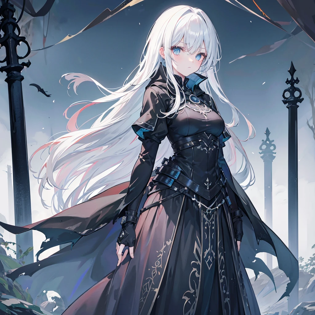 Nekromanten-archschützinFigur: Eine weibliche archschützin, slim and athletic, with a dark yet elegant aura.hair: Ihre hair sind eine Mischung aus blond und lila, perhaps with flowing transitions or ombre effect, slightly wavy and fall over her shoulders.eyes: Ihre eyes leuchten in einem unnatürlichen Grün oder einem eisigen Blau, a reference to her necromantic abilities.attire: She wears a combination of medieval armor and magical robes. Dark, Leather armor decorated with runes covers her upper body and arms. Under the armor she wears a black, slightly torn cloak, fluttering in the wind.arch: Ihr arch besteht aus einem dunklen, enchanted wood, decorated with silver or luminous symbols. Der arch strahlt eine unheimliche Energie aus.Arrows: Die Arrows in ihrem Köcher wirken ebenfalls magisch, with black feathers and tips, which are surrounded by a dark aura.backdrop: Der backdrop könnte einen düsteren Wald oder eine verfallene, show foggy landscape, which enhances the mystical and threatening atmosphere.