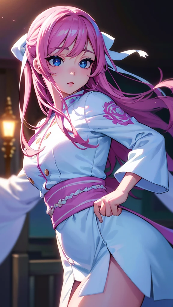 beautiful detailed eyes, beautiful detailed lips, extremely detailed eyes and face, long eyelashes, 1girl, rose pink hair, light blue eyes, light pink lipstick, jujutsu kaisen uniform, white cape, beautiful detailed hair, intricate details, (best quality,4k,8k,highres,masterpiece:1.2),ultra-detailed,(realistic,photorealistic,photo-realistic:1.37), dynamic pose, cinematic lighting, vibrant colors, anime, digital art