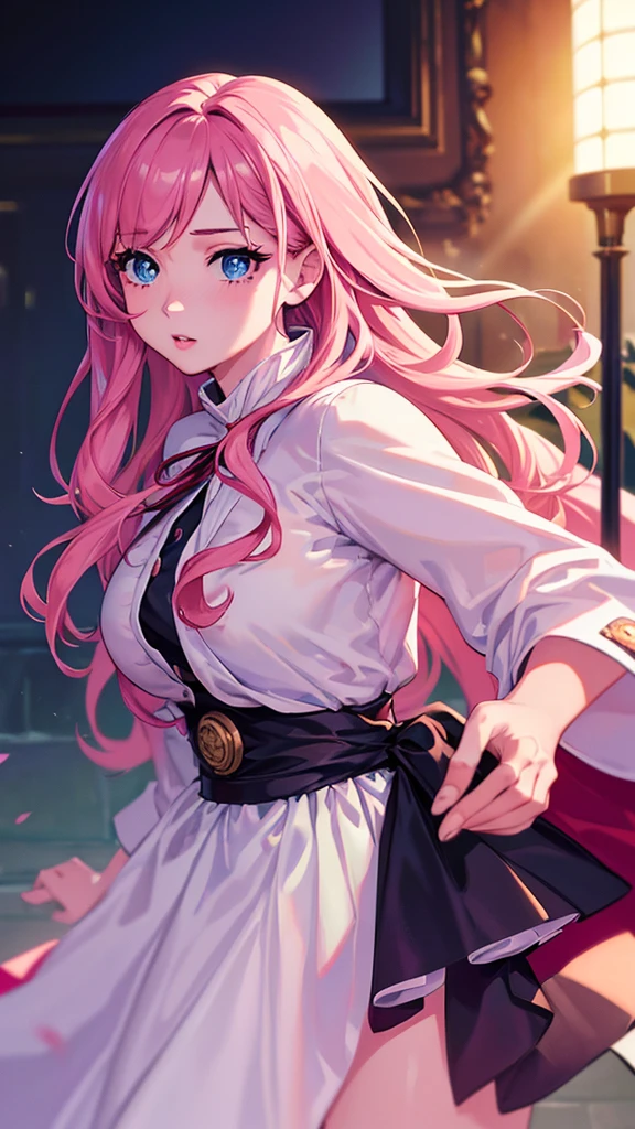 beautiful detailed eyes, beautiful detailed lips, extremely detailed eyes and face, long eyelashes, 1girl, rose pink hair, light blue eyes, light pink lipstick, jujutsu kaisen uniform, white cape, beautiful detailed hair, intricate details, (best quality,4k,8k,highres,masterpiece:1.2),ultra-detailed,(realistic,photorealistic,photo-realistic:1.37), dynamic pose, cinematic lighting, vibrant colors, anime, digital art