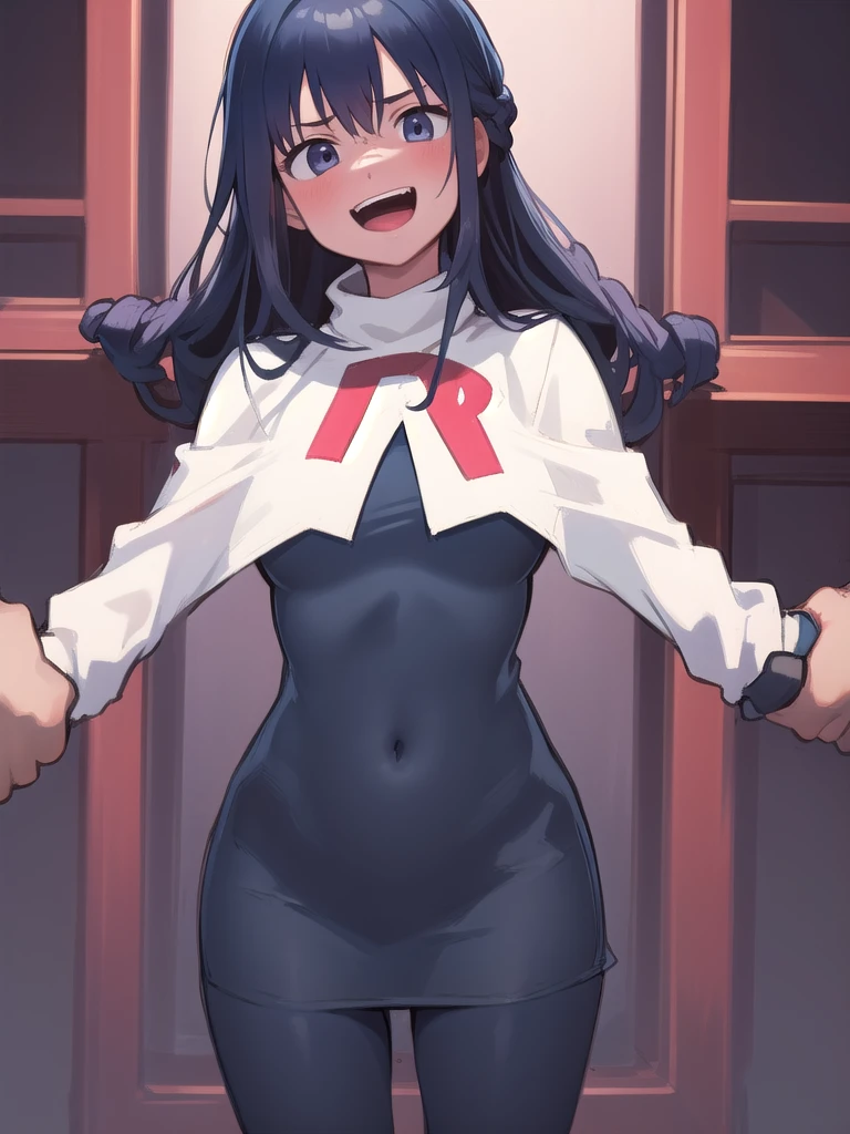 masterpiece, best quality, 1 girl, darkblue hair, long hair, team rocket,team rocket uniform, twitch, slapstick comedy, laugh eyes, laugh open mouth, head on arms,