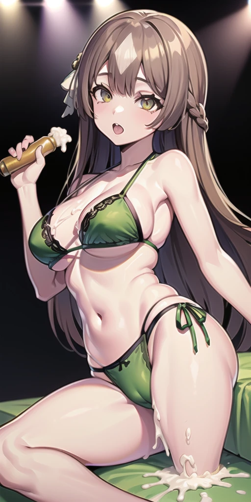 masterpiece, highest quality, close, Face shot,((((Metallic Ultra Micro Bikini))))、sit、((Spread your legs))、、Mansuji、On the bed、Low Angle、(((Big Bightclub、Lewd face、First  the bottom.3、(((Creampie)))、((semen、men、semen))