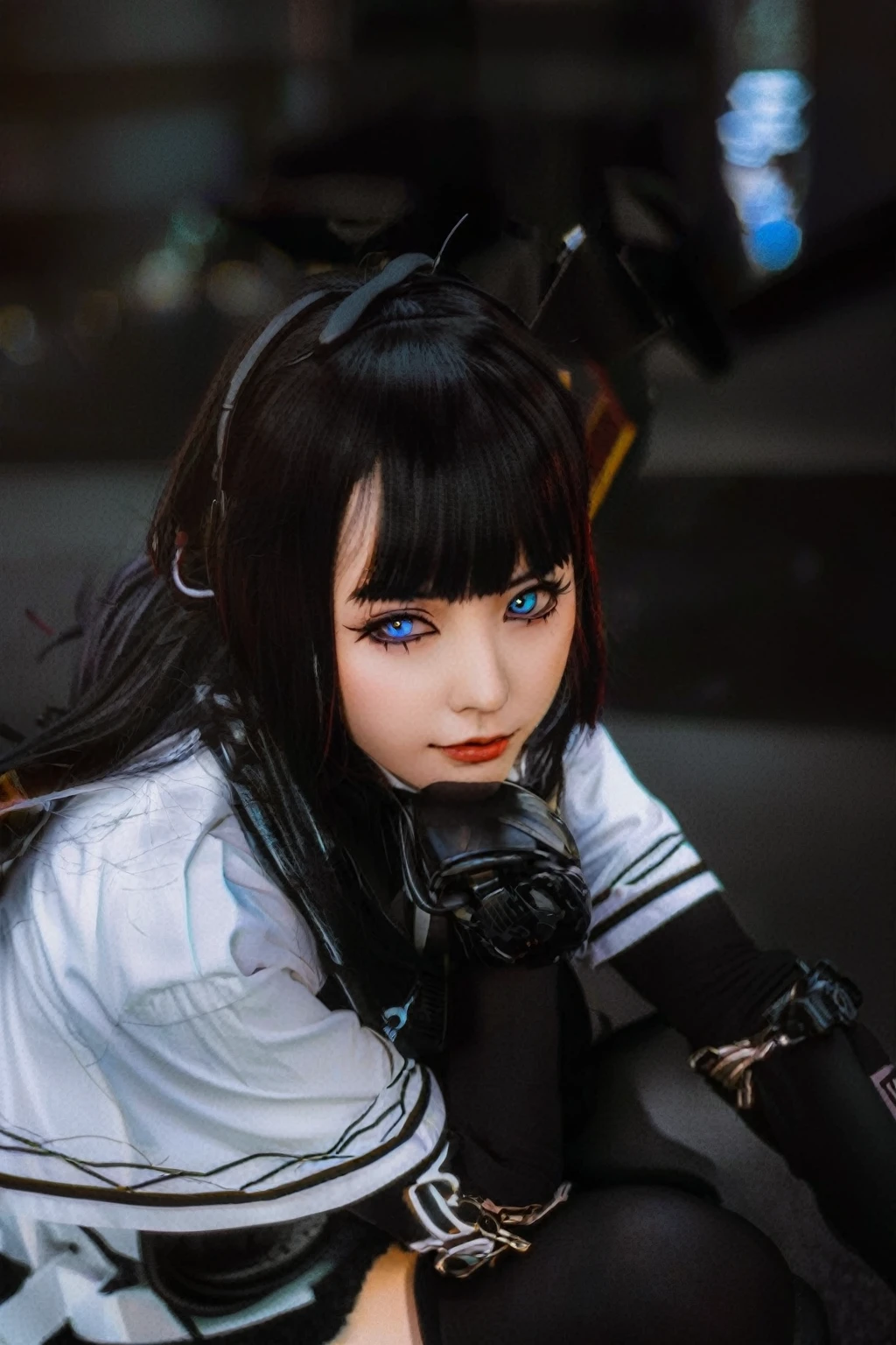 there is a woman with a black hair and a white shirt, anime girl cosplay, anime cosplay, anime style mixed with fujifilm, albedo from overlord, anime inspired, akane owari danganronpa, portrait of an anime girl, cyberpunk anime girl, cosplay, jet black haired cyberpunk girl, portrait of anime girl, anime style