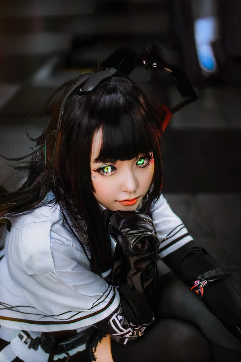 there is a woman with a black hair and a white shirt, anime girl cosplay, anime cosplay, anime style mixed with fujifilm, albedo from overlord, anime inspired, akane owari danganronpa, portrait of an anime girl, cyberpunk anime girl, cosplay, jet black haired cyberpunk girl, portrait of anime girl, anime style