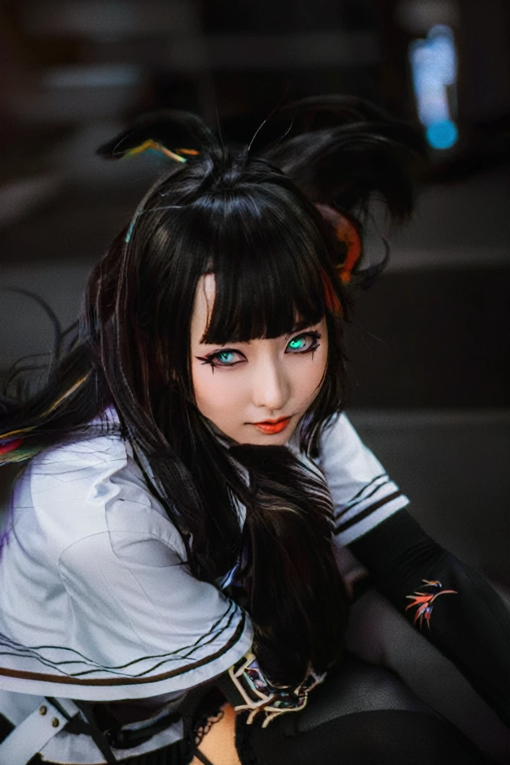 there is a woman with a black hair and a white shirt, anime girl cosplay, anime cosplay, anime style mixed with fujifilm, albedo from overlord, anime inspired, akane owari danganronpa, portrait of an anime girl, cyberpunk anime girl, cosplay, jet black haired cyberpunk girl, portrait of anime girl, anime style
