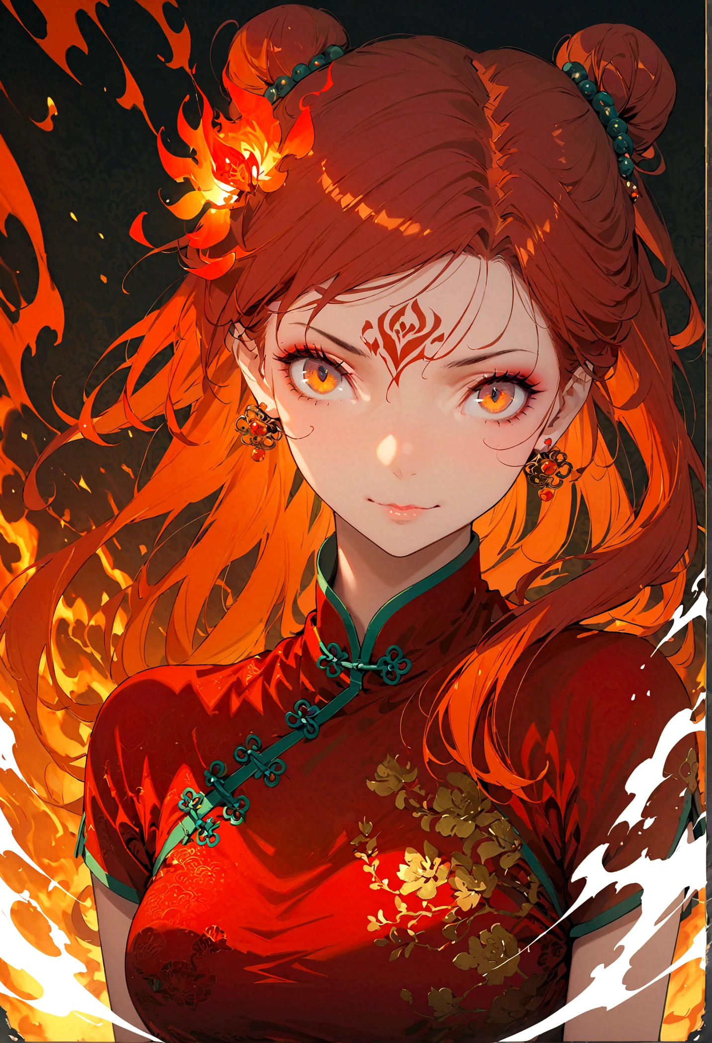 Fire Spirit Portrait, very long flowing red hair, Eyes shining red, Orange surrounding, Flame theme, Combustion atmosphere, (Exquisite and sexy Chinese cheongsam:1.2), Red glowing tattoo, Orange crystal jewelry, A faint smile, Mature body, masterpiece,best quality,Official Art,illustration,Clear lines,(Cool_color),Perfect composition,ridiculous, fantasy,concentrated,The third law