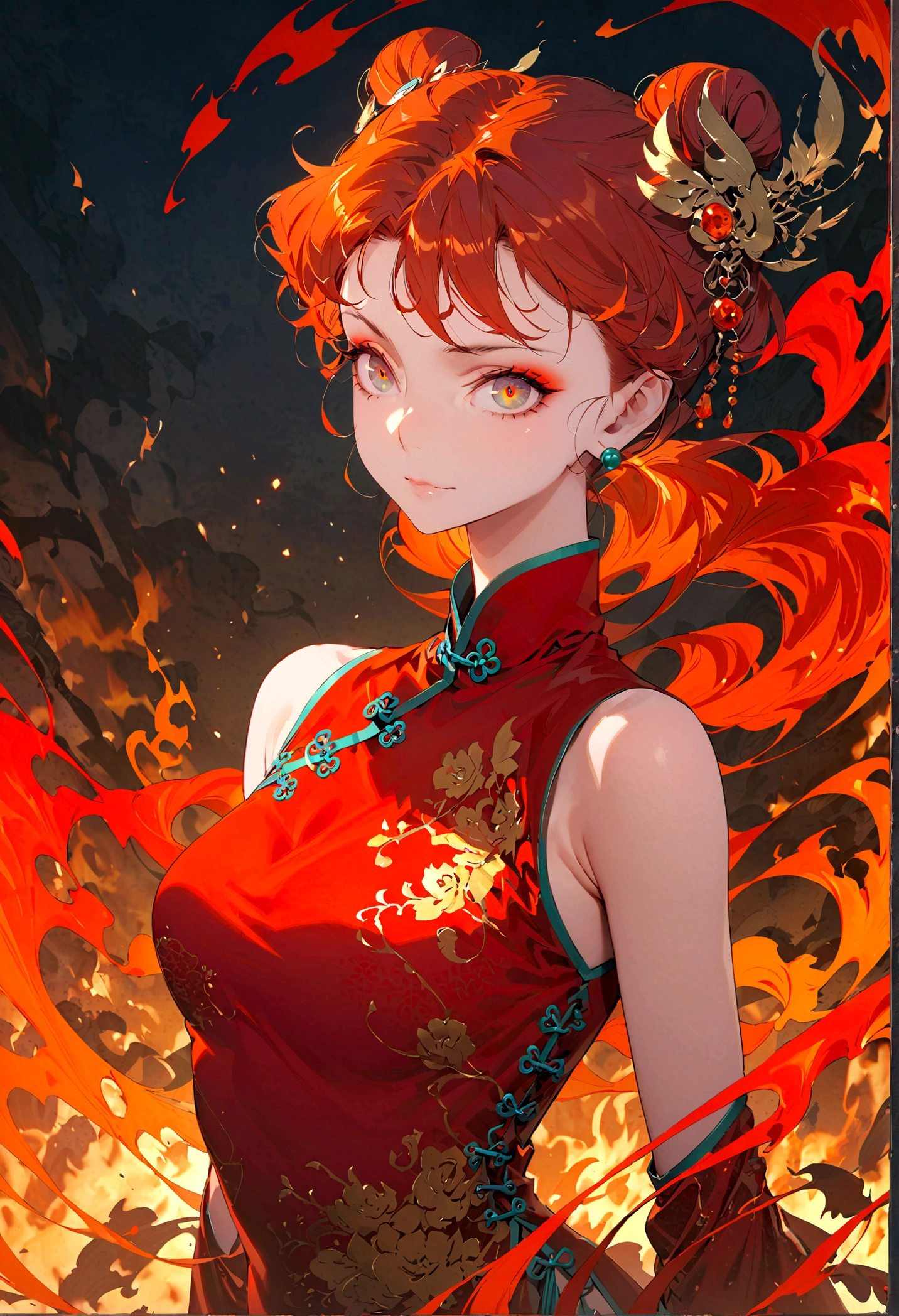 Fire Spirit Portrait, very long flowing red hair, Eyes shining red, Orange surrounding, Flame theme, Combustion atmosphere, (Exquisite and sexy Chinese cheongsam:1.2), Red glowing tattoo, Orange crystal jewelry, A faint smile, Mature body, masterpiece,best quality,Official Art,illustration,Clear lines,(Cool_color),Perfect composition,ridiculous, fantasy,concentrated,The third law