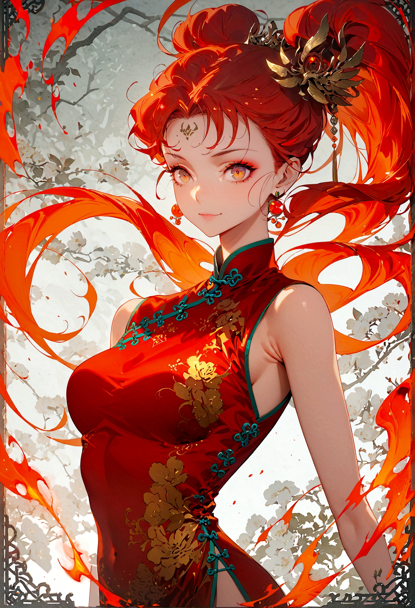 Fire Spirit Portrait, very long flowing red hair, Eyes shining red, Orange surrounding, Flame theme, Combustion atmosphere, (Exquisite and sexy Chinese cheongsam:1.2), Red glowing tattoo, Orange crystal jewelry, A faint smile, Mature body, masterpiece,best quality,Official Art,illustration,Clear lines,(Cool_color),Perfect composition,ridiculous, fantasy,concentrated,The third law