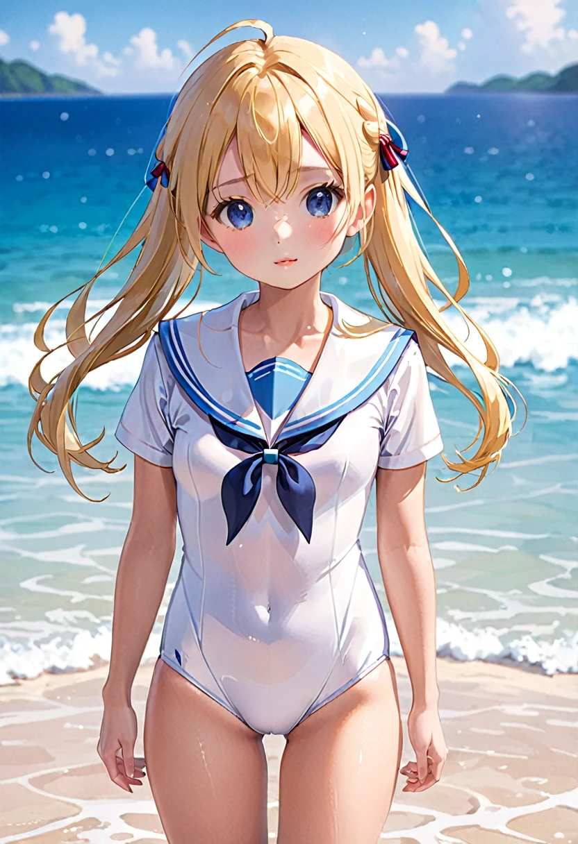 Tight sailor collar swimsuit、Very cute girl、Blonde Hair