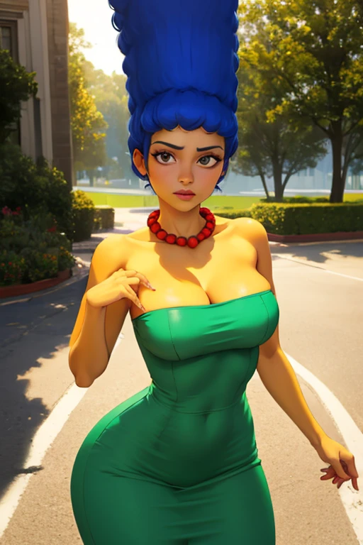 scene details, UHD, of a woman on the street, walking backwards, wears a tight calf-length floral dress , short green hair, ((green skin)), green eyes, (((great ass))) (((round ass)))