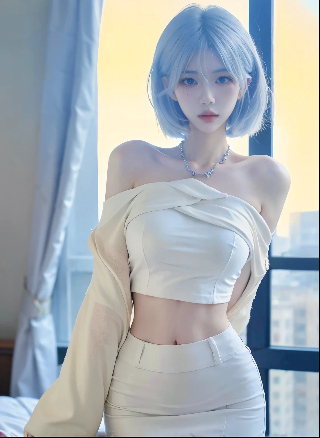 Beautiful woman with perfect figure:1.4,Ultra-high resolution,wear glasses,White background,(lifelike:1.4),Layered Hairstyle,White skin,Super short pleated skirt,whole body,Very delicate face and skin texture,Double eyelids,Skin Whitening,Long hair,White hair