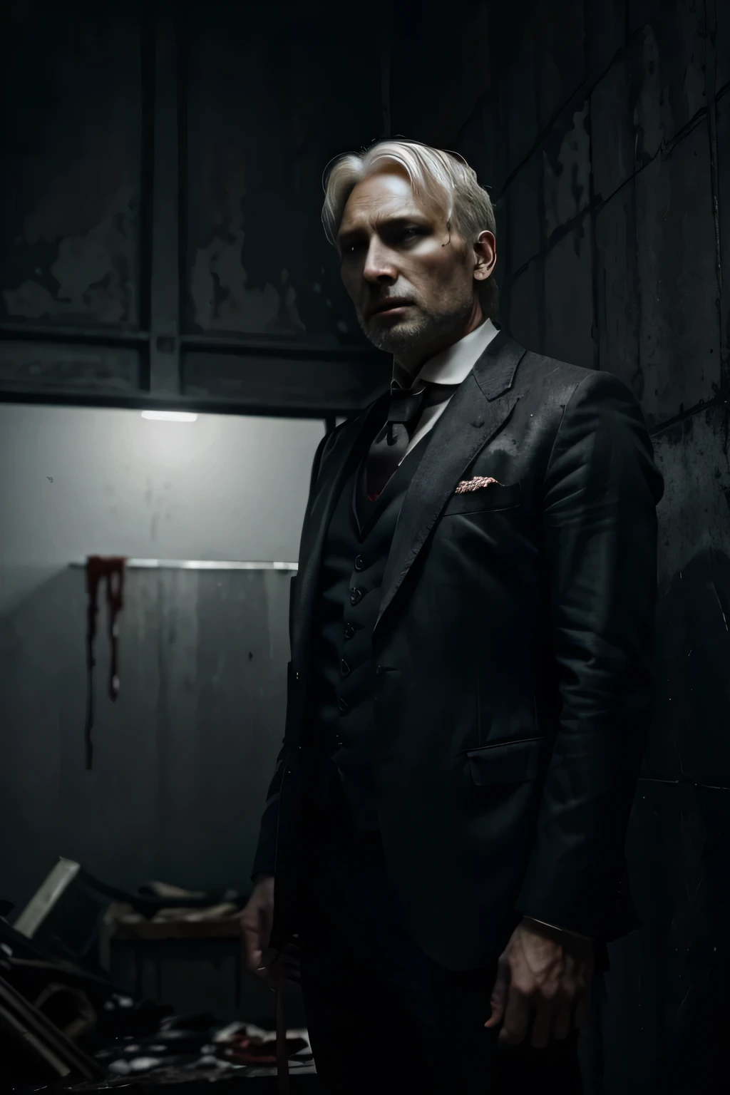 Mads Mikkelsen, White hair, full length, blood on the face, a knife, Drawing, Gloomy atmosphere, suit