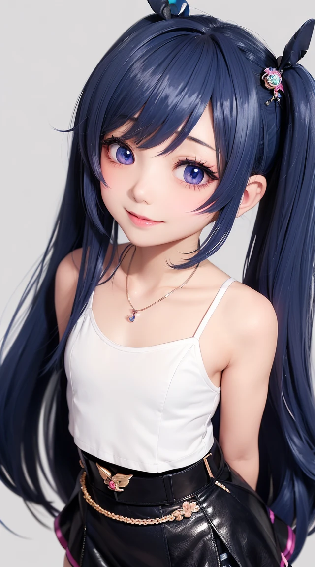 (masterpiece:1.3), (Best Quality:1.3), (Ultra-detailed:1.2), ((kawaii)), Cute, (lovely), ((sexy)), ((Extremely detailed)), 4K, (8K), Best Quality, (Beautiful), Illustration, anime style, (bold line:1.2), Gradation, looking at viewer, //, (bent down:1.1), (arms behind back), //, a cute girl, 1girl, (solo:1.2), gleaming skin, //, (flat chested), (Perfect eyes:1.2), (Perfect iris:1.2), //, darkblue hair color, (beautiful eyes) //, (half closed eyes:1.3), (sexual expression:1.2), Fascinated expression, smile, (blush:1.2), //, modern city background, on rock, twin tails, muscle girl, hard abs, exposed abs, NECKLACE, tight blouse, skirt