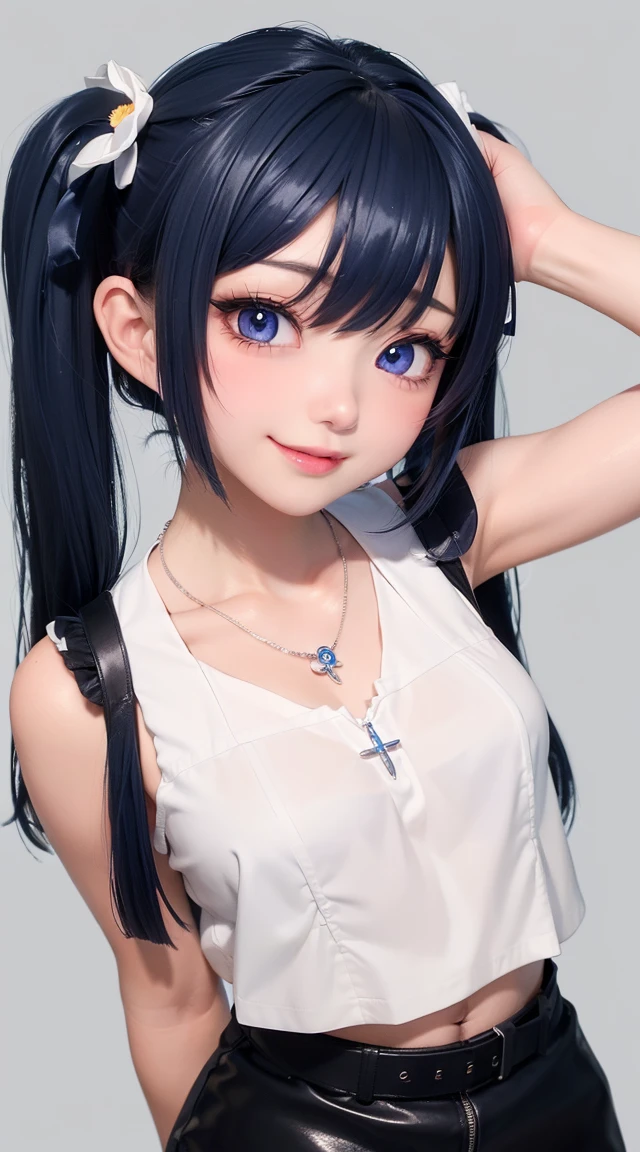  (masterpiece:1.3), (Best Quality:1.3), (Ultra-detailed:1.2), ((kawaii)), Cute, (lovely), ((sexy)), ((Extremely detailed)), 4K, (8K), Best Quality, (Beautiful), Illustration, anime style, (bold line:1.2), Gradation, looking at viewer, //, (bent down:1.1), (arms behind back), //, a cute girl, 1girl, (solo:1.2), gleaming skin, //, (flat chested), (Perfect eyes:1.2), (Perfect iris:1.2), //, darkblue hair color, (beautiful eyes) //, (half closed eyes:1.3), (sexual expression:1.2), Fascinated expression, smile, (blush:1.2), //, modern city background, on rock, twin tails, muscle girl, hard abs, exposed abs, NECKLACE, tight blouse, skirt