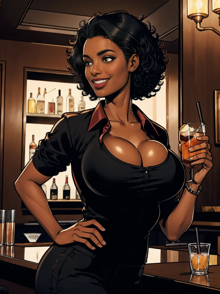 Cardinal, a gorgeous bartender woman with (dark skin, short curly black hair) wearing a black polo, tight slacks. Athletic, huge breasts, wide hips. Short curly black hair, mixing a drink. Smiling. Confident. At a high-end bar, luxury hotel. cleavage.