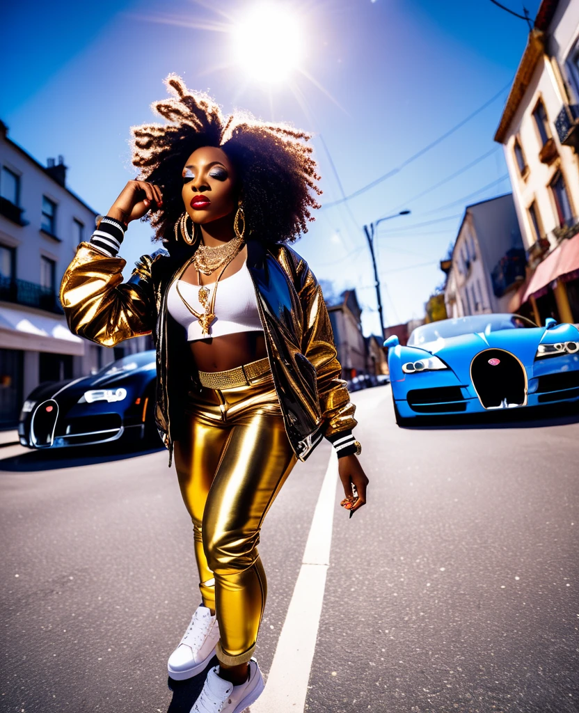 low angle shot through a fish eye lens of a black woman dressed in hiphop inspired clothes and sneakers, gold necklace and earrings, beautiful make up, standing in the middle of the street with a bugatti jumping above her head casting a shadow onto her, beautiful and vibrant colours providing a music video cinematic visual.