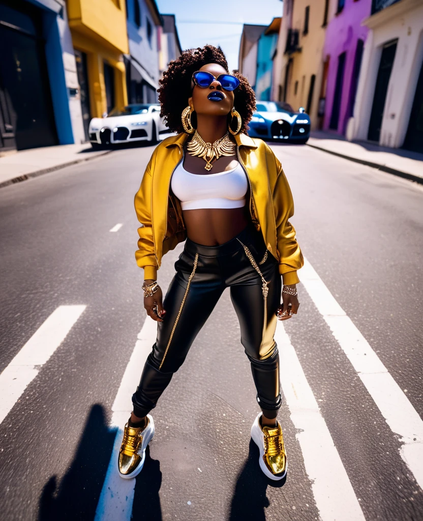 low angle shot through a fish eye lens of a black woman dressed in hiphop inspired clothes and sneakers, gold necklace and earrings, beautiful make up, standing in the middle of the street with a bugatti jumping above her head casting a shadow onto her, beautiful and vibrant colours providing a music video cinematic visual.
