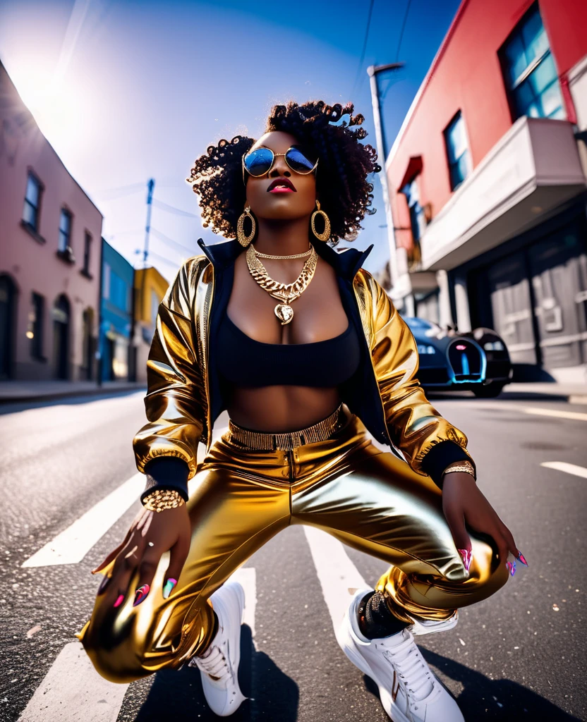 low angle shot through a fish eye lens of a black woman dressed in hiphop inspired clothes and sneakers, gold necklace and earrings, beautiful make up, standing in the middle of the street with a bugatti jumping above her head casting a shadow onto her, beautiful and vibrant colours providing a music video cinematic visual.