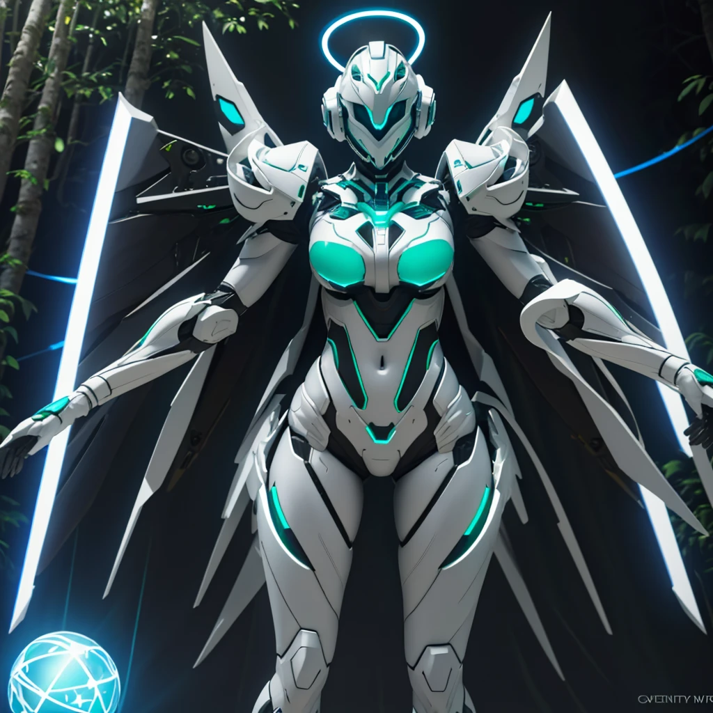 Dronificated unknown woman in a fully enclosed white latex fullbody suit with blue lights across the suit and green star shaped glowing core in the chest, fully enclosed cyber helmet that cover her whole face and hides her identity with a blue screen that has a white star, huge breast, narrow waist, wide hips and thick thighs, Mechanical wings, in a forest, no face, no hair, no mouth, no eyes, (perfect anatomy)