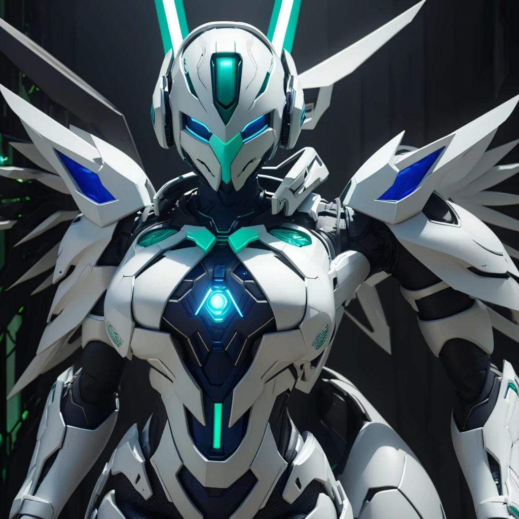 Dronificated unknown woman in a fully enclosed white latex fullbody suit with blue lights across the suit and green star shaped glowing core in the chest, fully enclosed cyber helmet that cover her whole face and hides her identity with a blue screen that has a white star, huge breast, narrow waist, wide hips and thick thighs, Mechanical wings, in a forest, no face, no hair, no mouth, no eyes, (perfect anatomy)