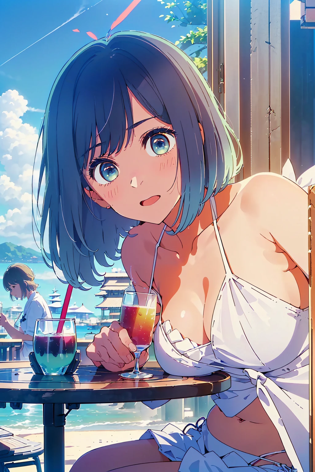 (Highest quality:1.4、8K:1.4、detailed)、F cup bust、Big Breasts、Slim body、Very white beautiful skin、((((1 person、Surprised expression、sit、Chair、In the background are the urban buildings of Tokyo、looking at the camera、Outdoor café terrace、coastal、Navy hair color、juice、White side string high leg bikini、Shooting up close、Shooting from an angle、table、Very cute face))))、(Waving:1.4)、Very blue sky、A completely cloudless sky