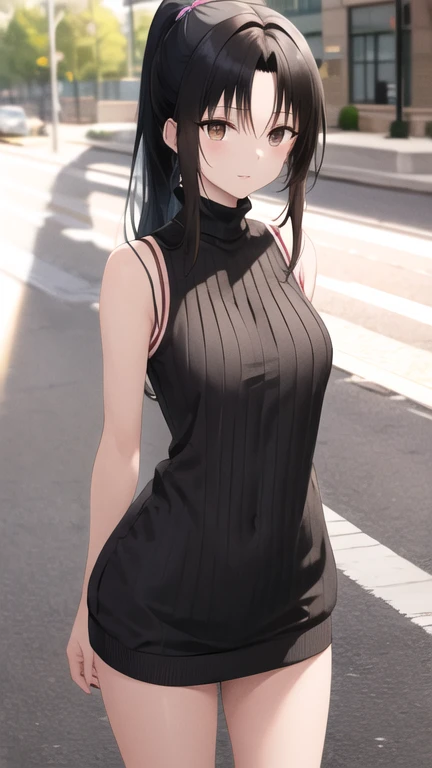 masterpiece, best quality, highres, 1girl, solo, long hair, black hair, ponytail, parted bangs, brown eyes, sweater dress, turtleneck, sleeveless, standing, cowboy shot, street, outdoors