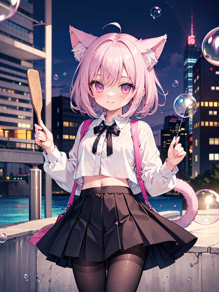 masterpiece,highest quality,Highly detailed face,fine grain,Waterfront,Bubble,Sparkling eyes,Highlighted eyes,Medium chest,pretty girl,smile,Cat ear,Beautiful silver hair,Pink inside,Beautiful pink eyes,Oversized shirt、skirt、black tights, Crop top outfit,wink