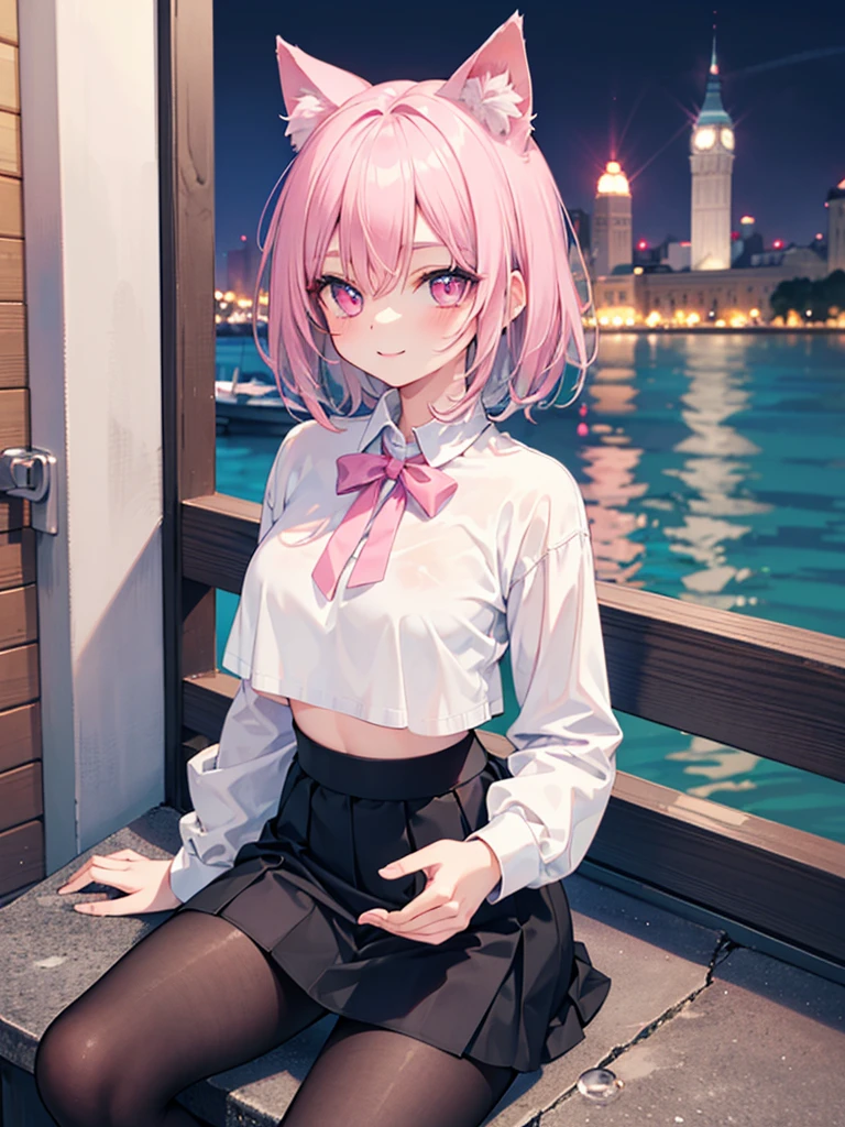 masterpiece,highest quality,Highly detailed face,fine grain,Waterfront,Bubble,Sparkling eyes,Highlighted eyes,Medium chest,pretty girl,smile,Cat ear,Beautiful silver hair,Pink inside,Beautiful pink eyes,Oversized shirt、skirt、black tights, Crop top outfit,wink