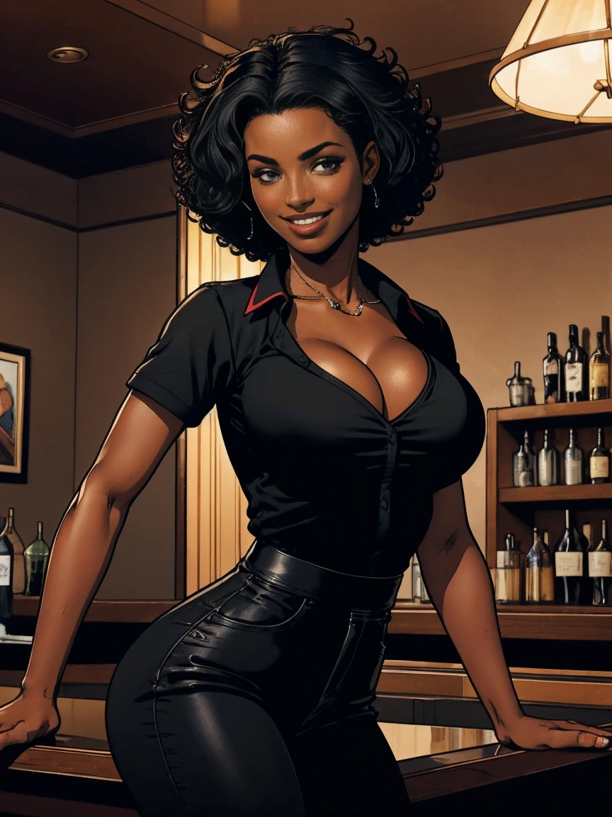 Cardinal, a gorgeous bartender woman with (dark skin, short curly black hair) wearing a black polo, tight slacks. Athletic, huge breasts, wide hips. Short curly black hair, mixing a drink. Smiling. Confident. At a high-end bar, luxury hotel. cleavage.